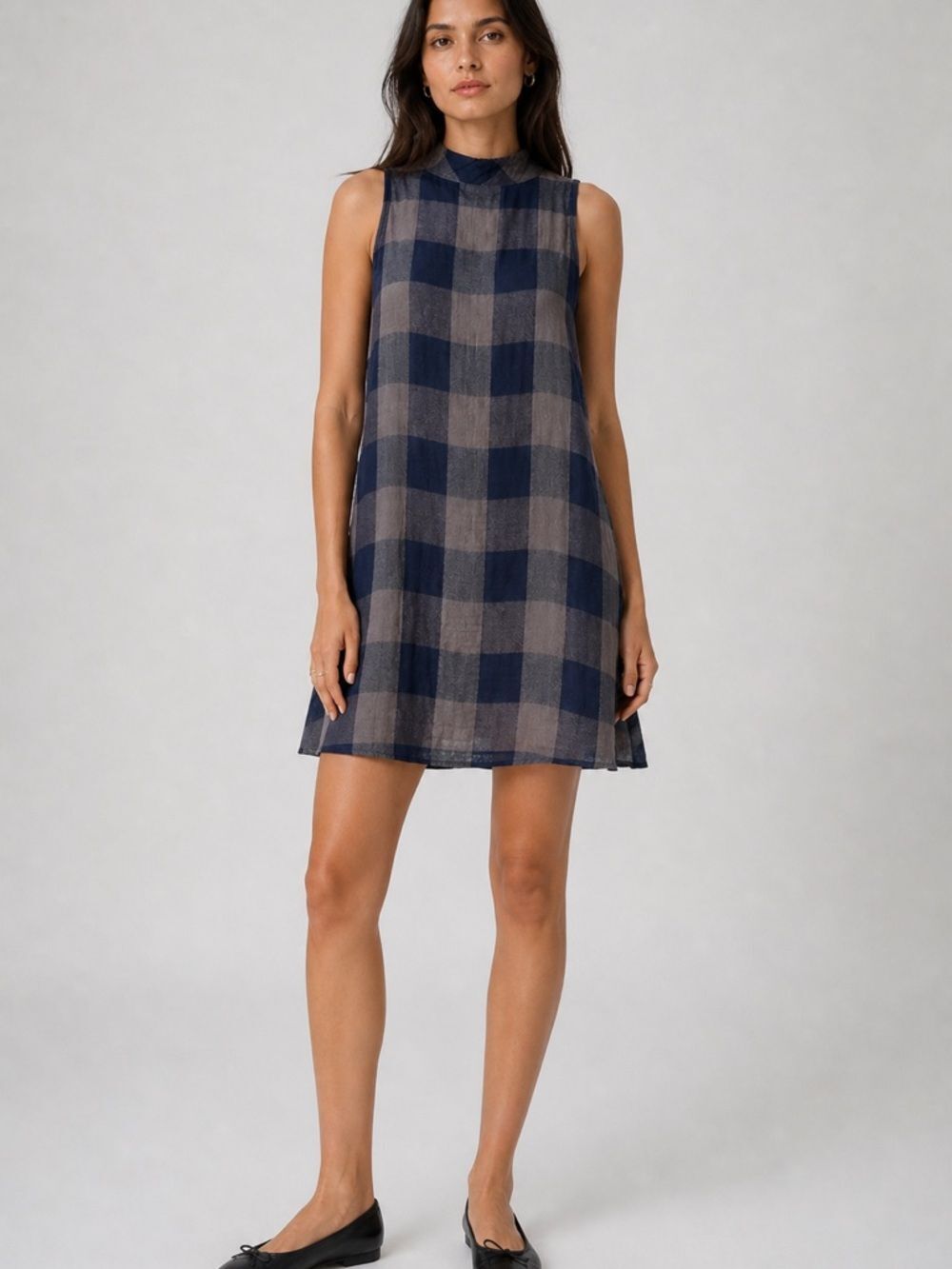 Cloth & Stone Plaid Swing Dress Blue Gray Sleeveless Mock Neck Size M